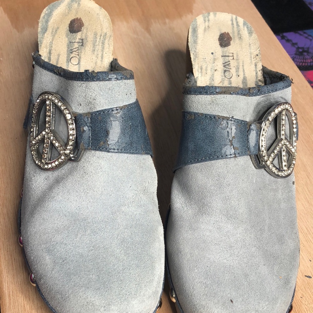 Two lips blue suede clogs with peace sign . Size 8